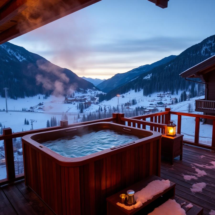 Outdoor hot tub on the chalet terrace at dusk